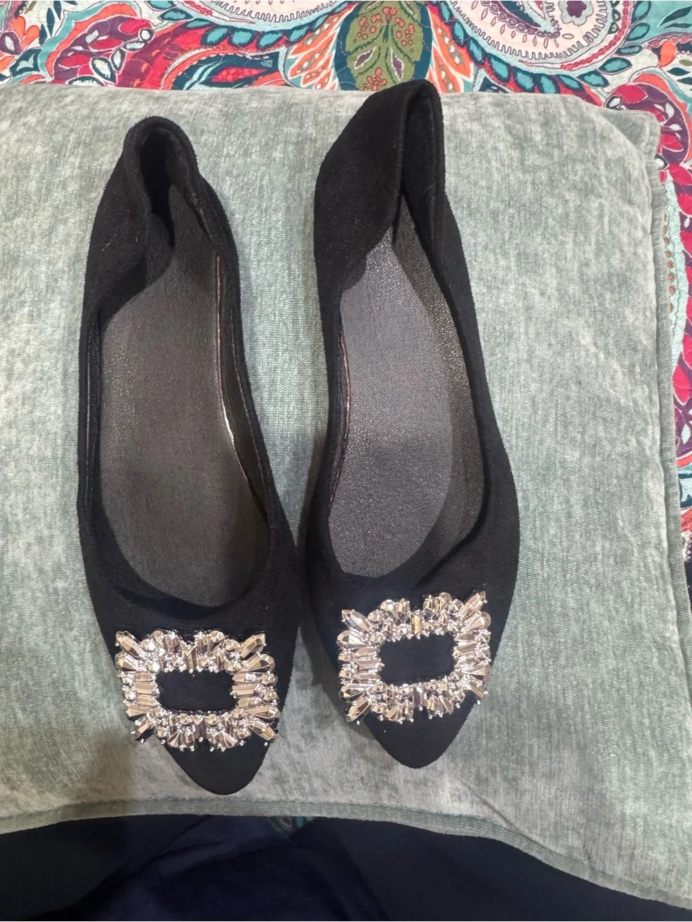 Women's Black Embellished Pointed-Toe Flats